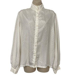 Vintage Helen Fabrikant Blouse Womens 12 White Satin Polka Dot Button Up Top